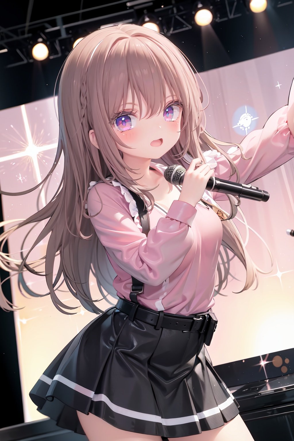  1girl, solo, microphone, smile, skirt, blush, brown eyes, long hair, open mouth, looking at viewer, brown hair, long sleeves, :d, shirt, bangs, belt, breasts, pink shirt, outstretched arm, music, black belt, medium breasts, holding microphone, singing