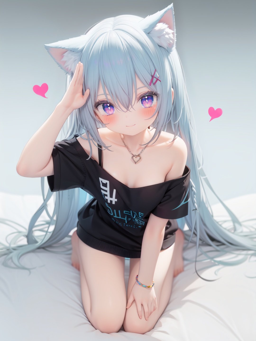  petite, loli, solo, animal ears, heart, puffy short sleeves, blue hair, long hair, off shoulder, bangs, hair ornament, gradient background,rainbow gradient, x hair ornament, animal ear fluff, looking at viewer, very long hair, blush, smile, cat ears, bare shoulders, collarbone, hand up, gradient sweater, hair between eyes, symbol-shaped pupils, arm up, heart-shaped pupils, hairclip, medium breasts, salute, bare legs,full body