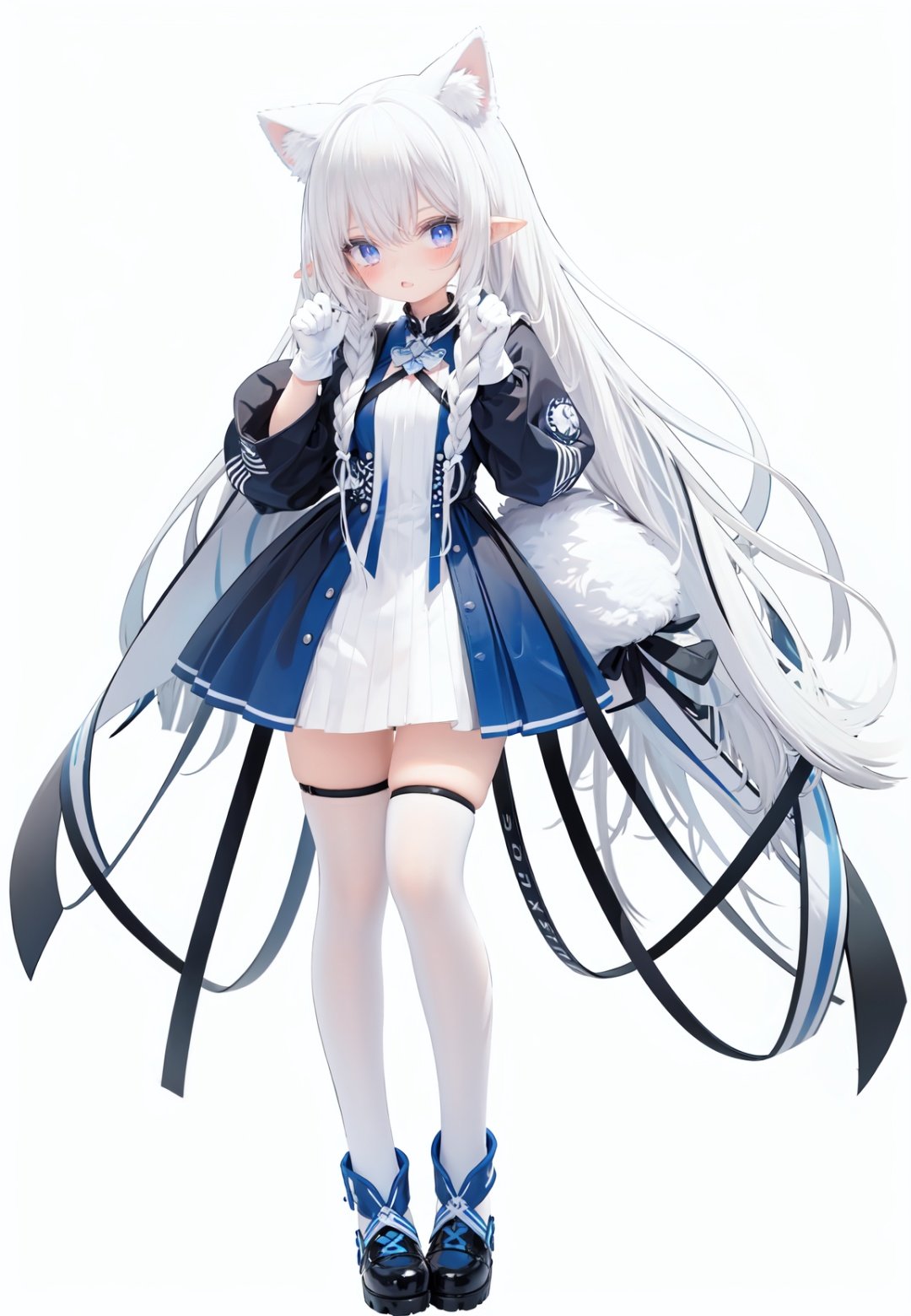  1girl, white_gloves, braid, full_body, gloves, long_hair, official_alternate_costume, pointy_ears, simple_background, solo, standing, very_long_hair, white_background, white hair, blue eyes, paw claw pose, open_mouth