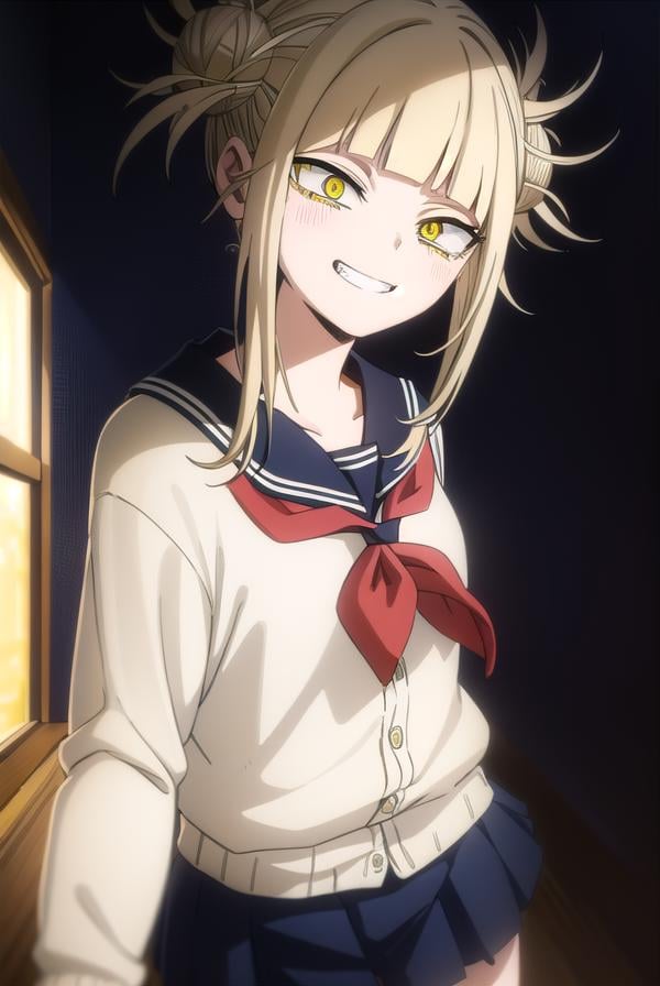 togahimiko, <lora:himiko toga s5-lora-nochekaiser:1>,himiko toga, (toga himiko:1.2), bangs, blonde hair, (yellow eyes:1.5), blunt bangs, hair bun, double bun, messy hair, smile, grin, teeth,BREAK skirt, long sleeves, school uniform, pleated skirt, shoes, serafuku, socks, sailor collar, blue skirt, neckerchief, kneehighs, brown footwear, cardigan, black socks, loafers, red neckerchief, yellow cardigan,BREAK indoors, classroom,BREAK looking at viewer, (cowboy shot:1.5),BREAK <lyco:GoodHands-beta2:1>, (masterpiece:1.2), best quality, high resolution, unity 8k wallpaper, (illustration:0.8), (beautiful detailed eyes:1.6), extremely detailed face, perfect lighting, extremely detailed CG, (perfect hands, perfect anatomy),