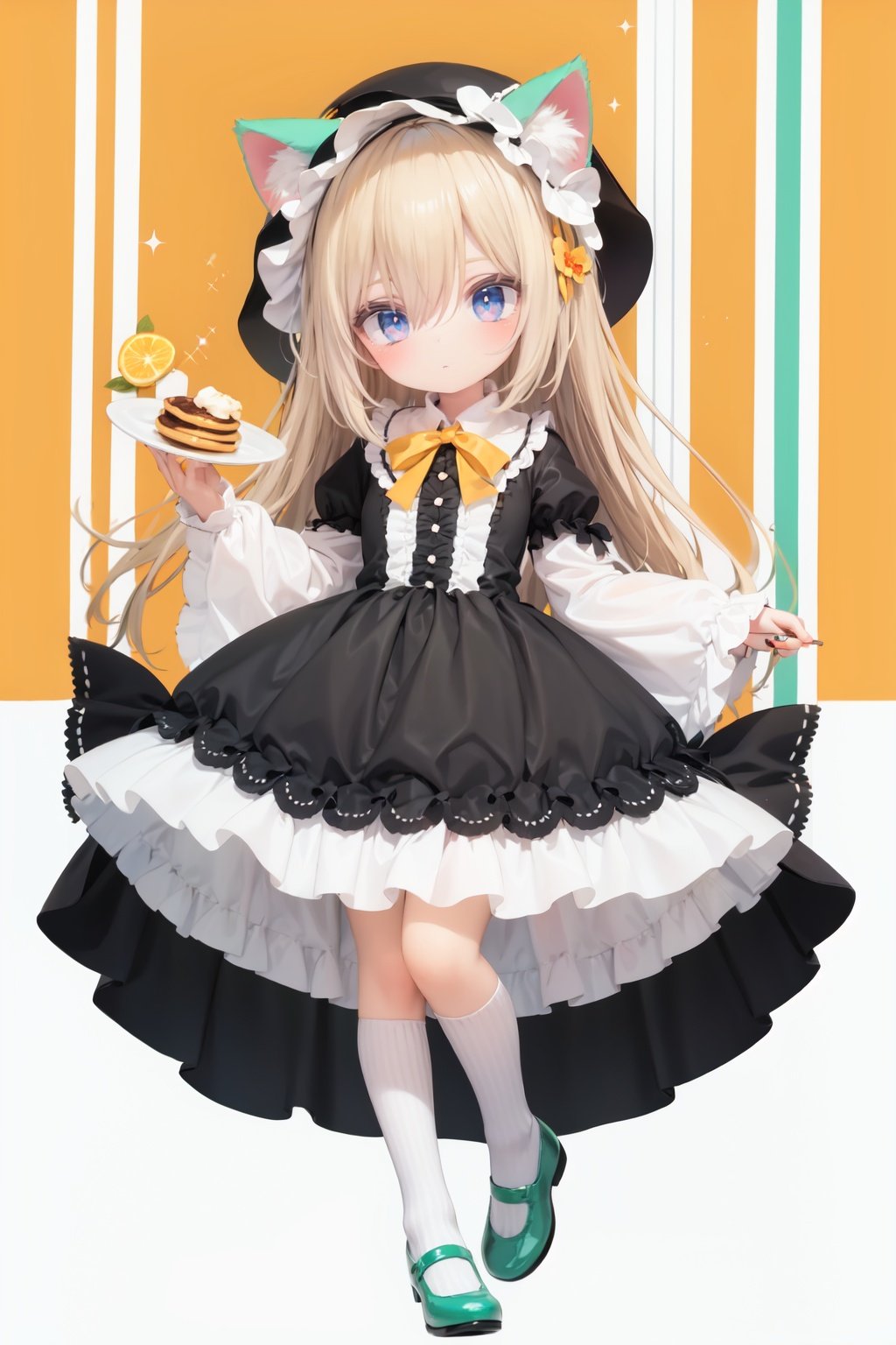  (cinematic lighting), dreamy atmosphere, Ray tracing, (((solo))), (loli:1.5), (child:1.5), (petite:1.5), green eyes, (animal ears), dress, solo, food, blonde hair, open mouth, long hair, pancake, flower, holding, bow, smile, fork, bird, socks, looking at viewer, shoes, striped background, holding fork, bonnet, striped, frills, long sleeves, :d, yellow dress, bangs, eyebrows visible through hair, blush, green nails, hair bow, nail polish, diagonal stripes, chick, sparkle, frilled dress, orange bow, fruit, full body, :3, hair between eyes, green bow, puffy sleeves, heart, lemon, orange footwear, animal ear fluff, white bow, cat ears, bobby socks, orange headwear, see-through sleeves, blue background, striped bow, hair ornament, white legwear, mary janes