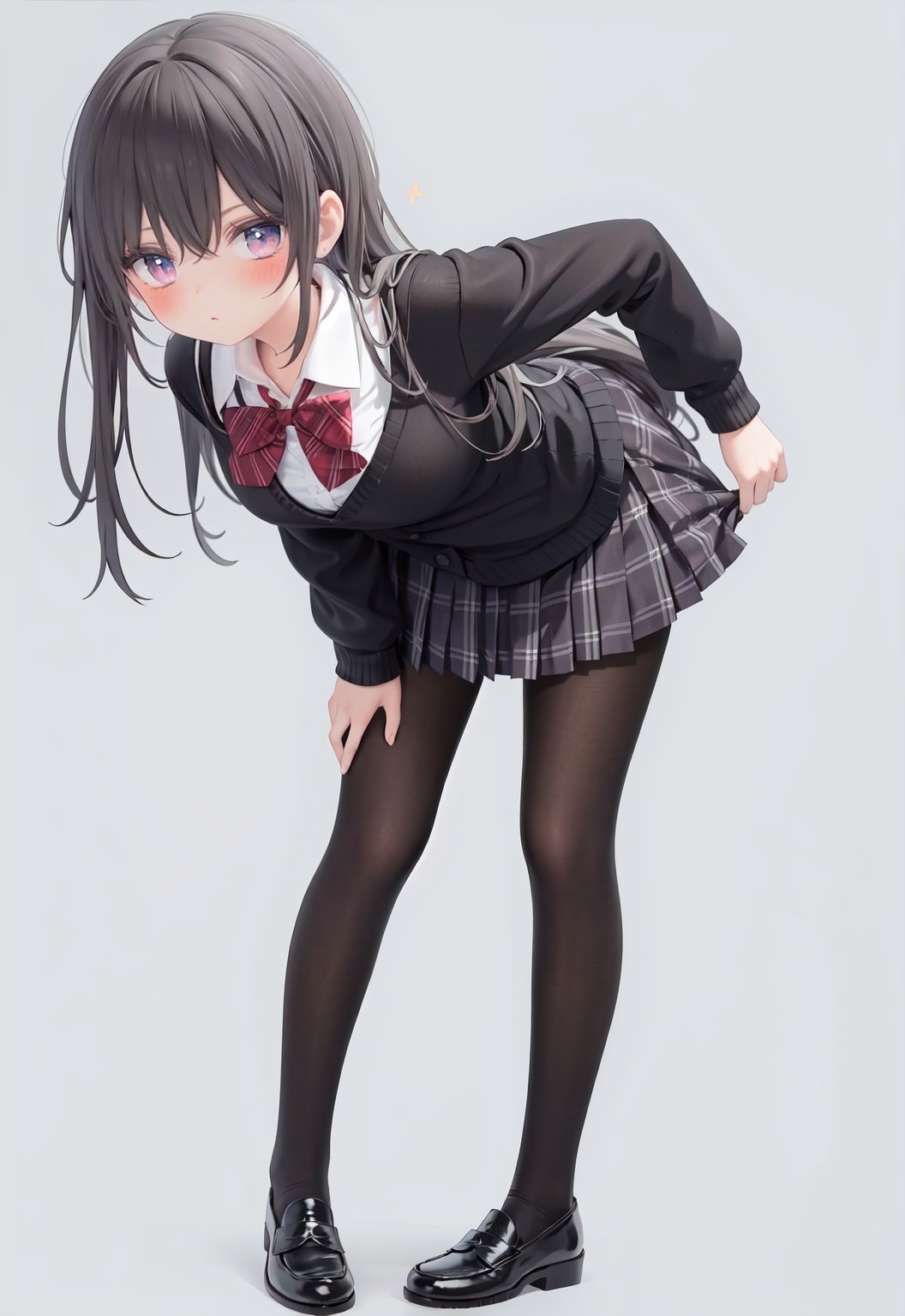  1girl, solo, pantyhose, skirt, long hair, loafers, shoes, simple background, school uniform, brown eyes, plaid, black pantyhose, plaid skirt, looking at viewer, black hair, pantyhose pull, full body, clothes pull, black footwear, pleated skirt, leaning forward, bangs, long sleeves, bent over, cardigan, bow, bowtie, standing, closed mouth, pulled by self, grey background, blush, miniskirt, red bow, sweater, undressing