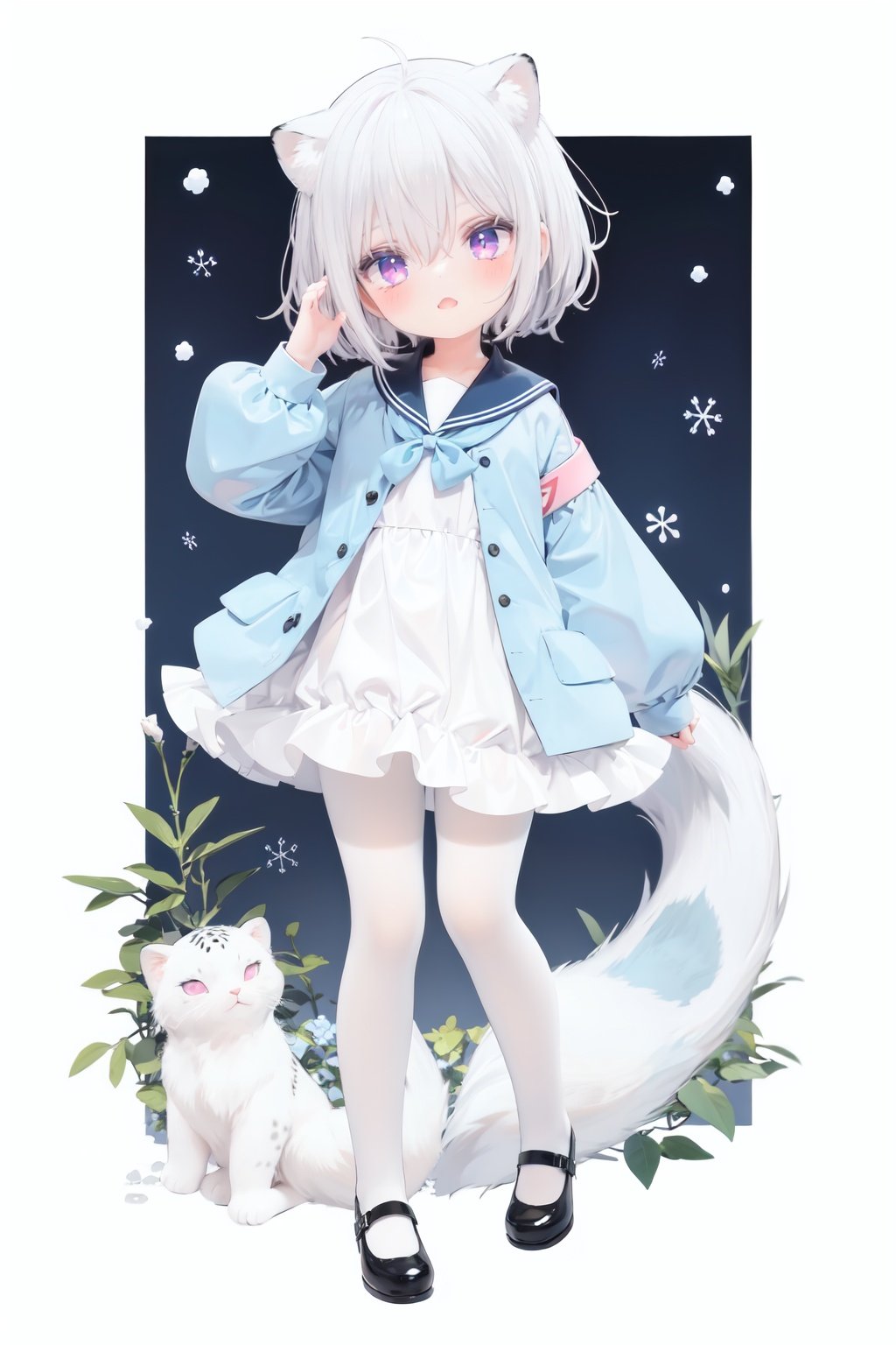  cute,Infant,solo blue shirt,blue sailor coat,loli,full body,white hair,snow leopard ear,white background,pink eyes,laugh,happy,white pantihose,white pantyhose,red armband,