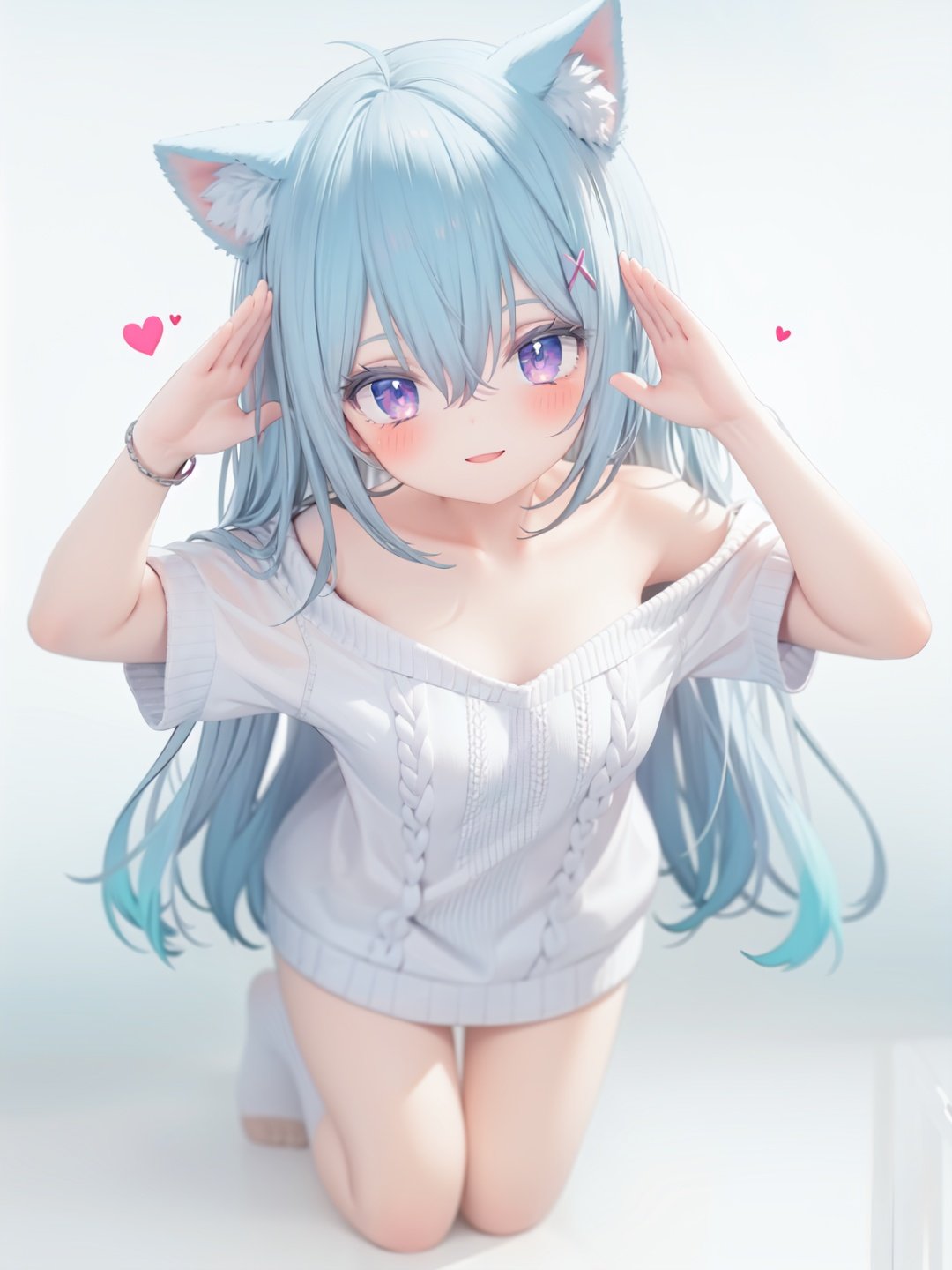  petite, loli, solo, animal ears, heart, puffy short sleeves, blue hair, long hair, off shoulder, bangs, hair ornament, gradient background,rainbow gradient, x hair ornament, animal ear fluff, looking at viewer, very long hair, blush, smile, cat ears, bare shoulders, collarbone, hand up, gradient sweater, hair between eyes, symbol-shaped pupils, arm up, heart-shaped pupils, hairclip, medium breasts, salute, bare legs,full body