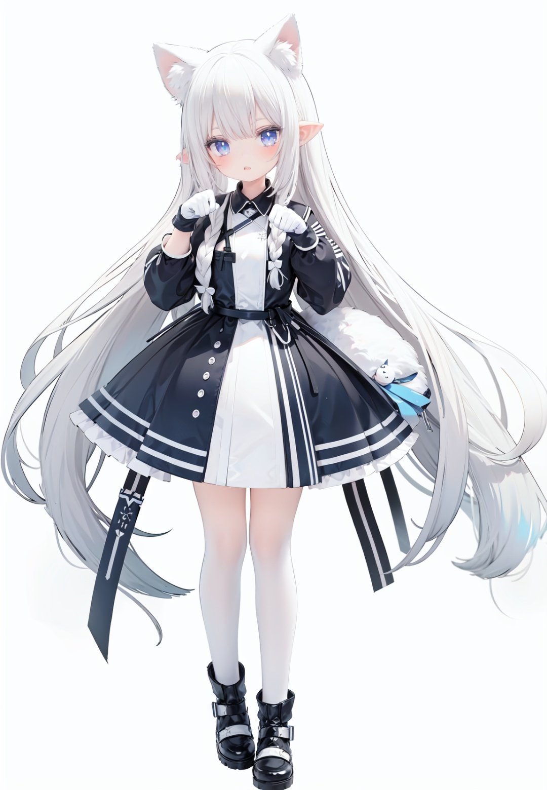  1girl, white_gloves, braid, full_body, gloves, long_hair, official_alternate_costume, pointy_ears, simple_background, solo, standing, very_long_hair, white_background, white hair, blue eyes, paw claw pose, open_mouth