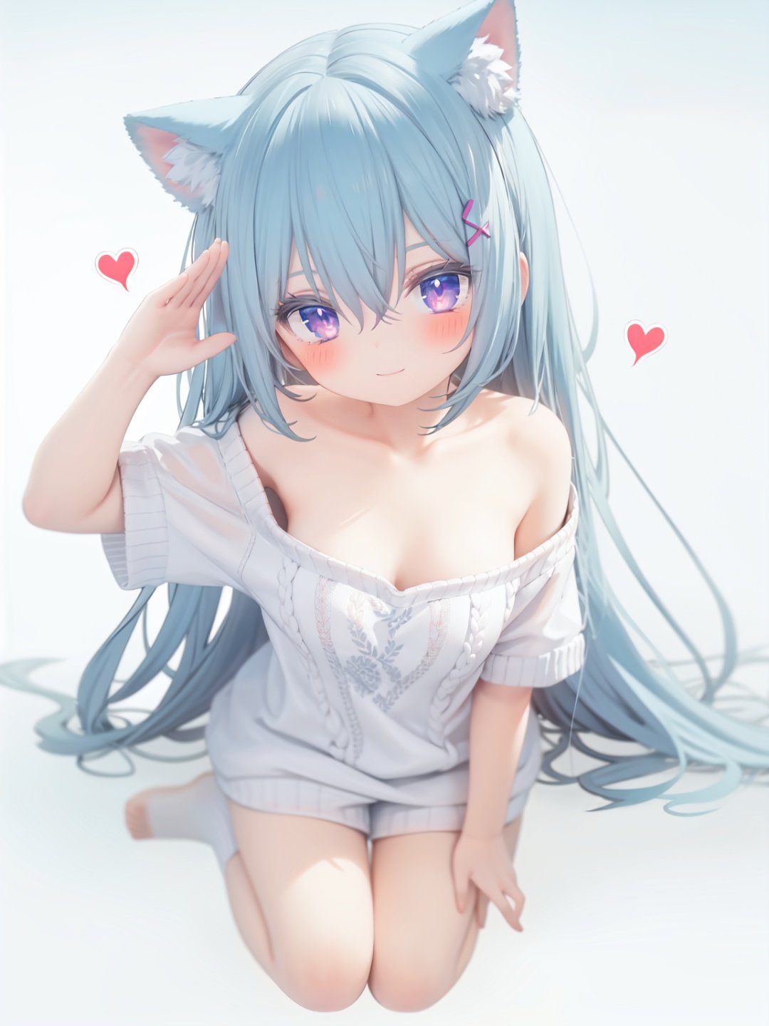  petite, loli, solo, animal ears, heart, puffy short sleeves, blue hair, long hair, off shoulder, bangs, hair ornament, gradient background,rainbow gradient, x hair ornament, animal ear fluff, looking at viewer, very long hair, blush, smile, cat ears, bare shoulders, collarbone, hand up, gradient sweater, hair between eyes, symbol-shaped pupils, arm up, heart-shaped pupils, hairclip, medium breasts, salute, bare legs,full body