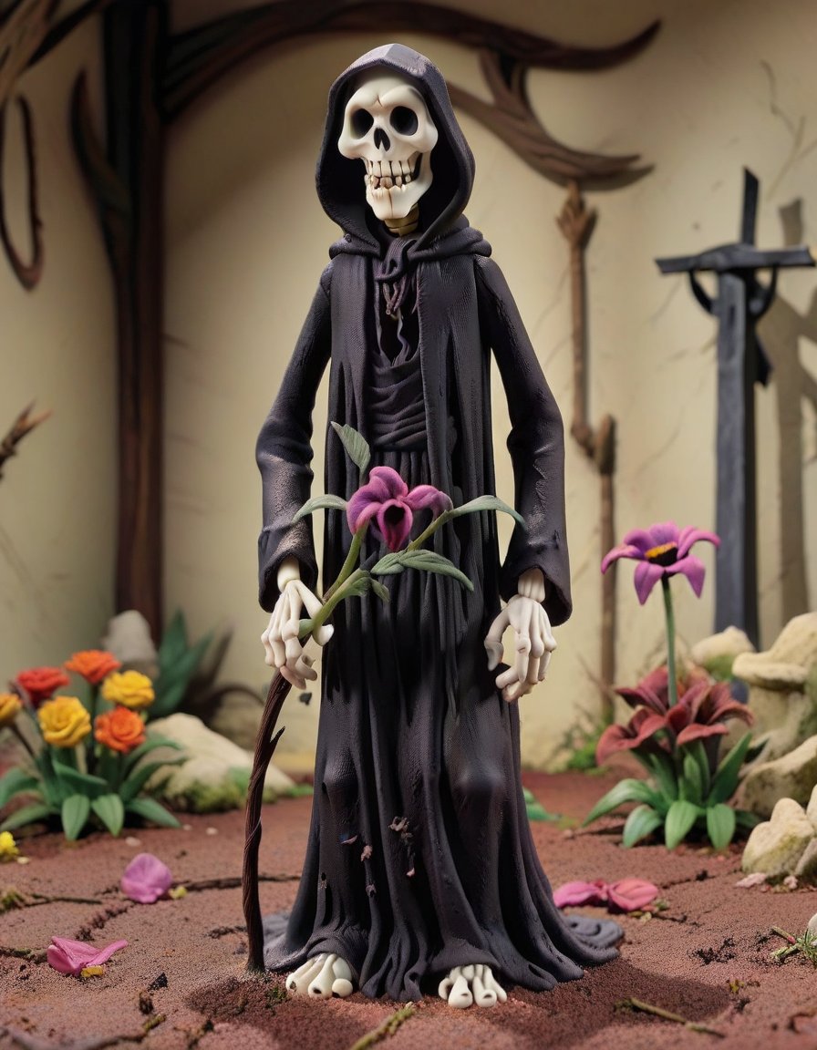 claymation, Death: The Grim Reaper stands amidst withering flowers, signifying transformation, rebirth, and change. <lora:CLAYMATE_V2.03_:1>