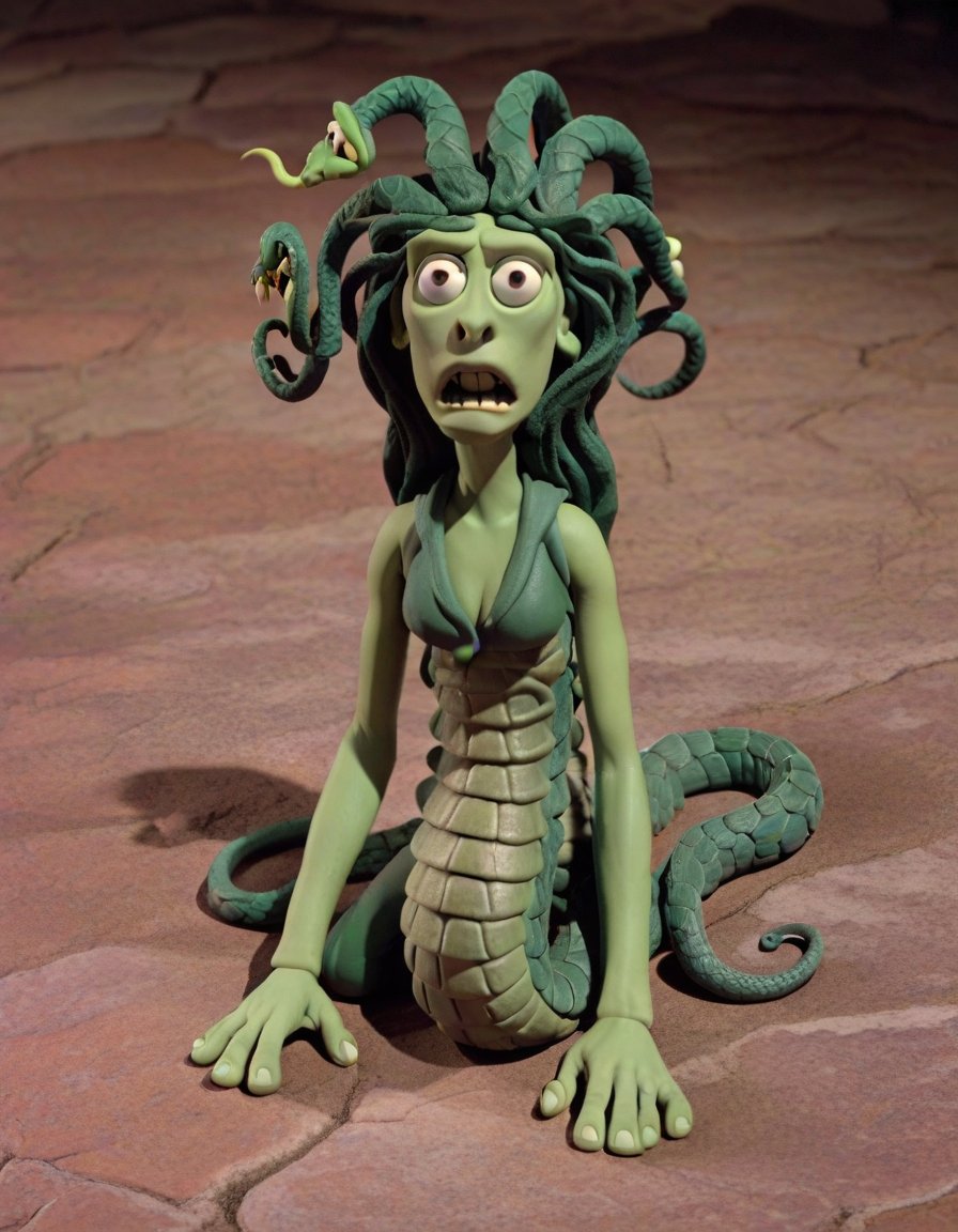 claymation, Gorgon: Snake-haired, Petrifying, Serpentine, Monstrous, Medusa-like, Stone-gazing, Cursed, Serpent-headed <lora:CLAYMATE_V2.03_:1>