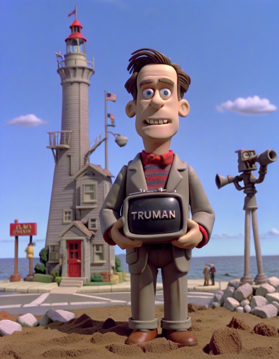 claymation, The Truman Show - A man discovers his entire life has been a reality TV show. <lora:CLAYMATE_V2.03_:1>