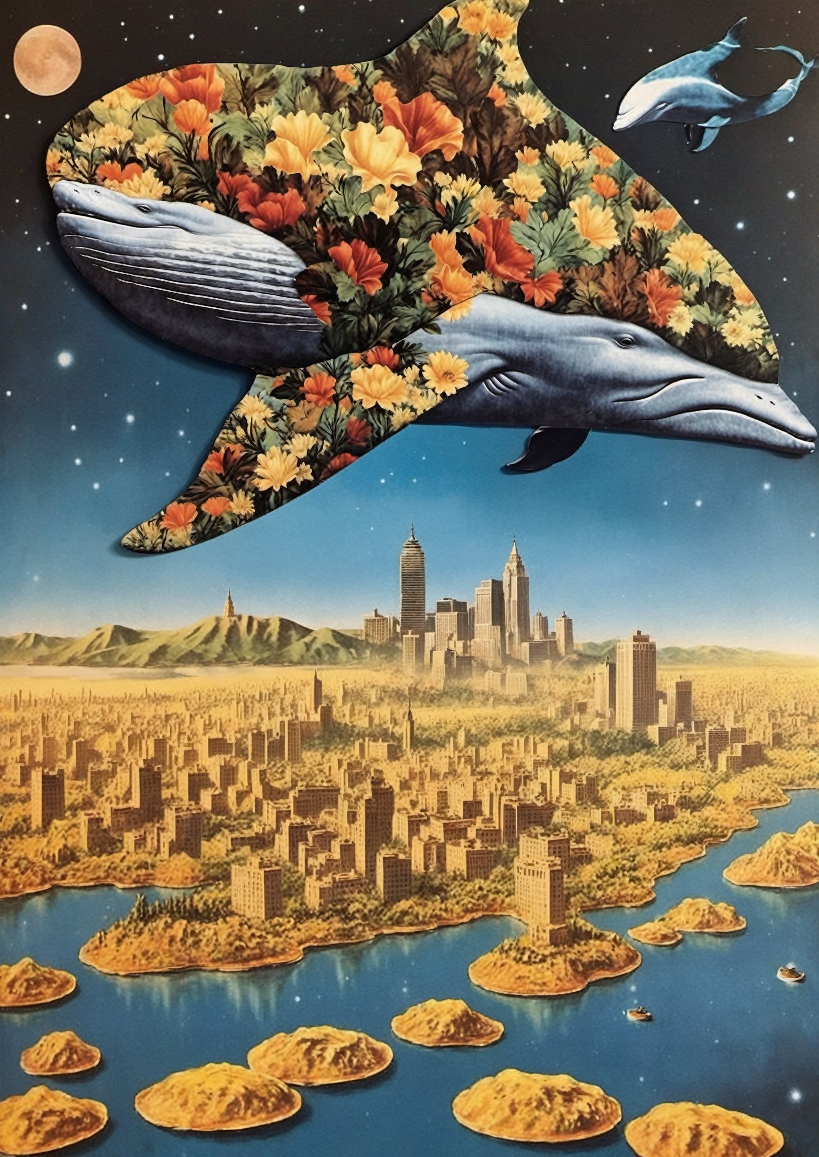 (masterpiece, best quality), A dreamlike scene with a winged whale swimming in a sea of melted clocks, carrying a cityscape on its back, while a levitating forest floats nearby, post-punk, muted colors , aw0k collage,