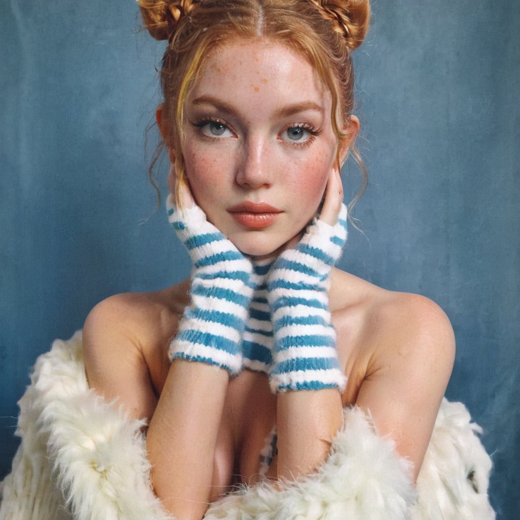 aw0k collage, Super Close Up Portrait, Nude petite Celtic Woman, freckles, Ponytail, naked in marine blue Striped fluffy, wooly corduroy bodysuit with Cotton/Fur Pantyhose, simple cozy Art nouveau bedroom translucent, vibrant, blushed, simple color Palette, HD, high quality, high detailed <lora:collage9:1>