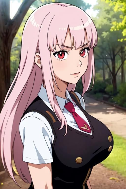 masterpiece, best quality, solo, anime screencap, Mori Calliope, 1 girl,long hair,  white shirt, necktie,  big breasts, sweater vest,depth of field, blurry background, forest, portrait, wind, lens flare, good hands,