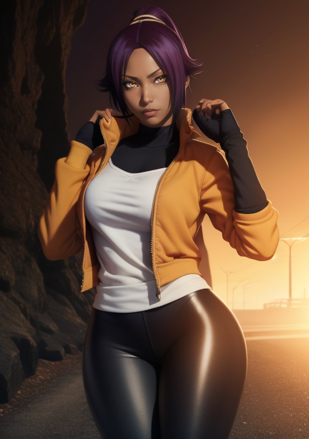  1girl, Yoruichi_Bleach, yellow eyes, ((Yoruichi Shihouin)), orange jacket, black leggins, curvy_figure, perfect eyes, masterpiece, best quality, 4K, HDR, cinematiclighting,Yoruichi_Bleach,photorealistic,