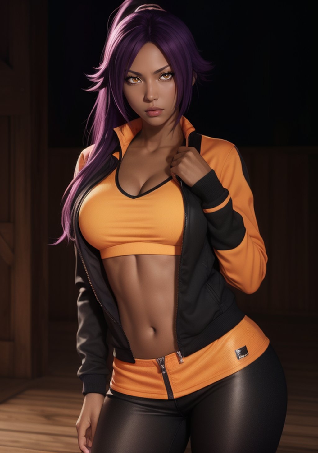  1girl, Yoruichi_Bleach, yellow eyes, ((Yoruichi Shihouin)), orange jacket, black leggins, curvy_figure, perfect eyes, masterpiece, best quality, 4K, HDR, cinematiclighting,Yoruichi_Bleach,photorealistic,