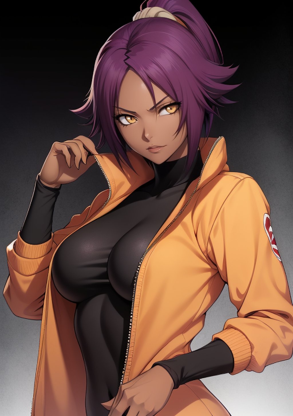  1girl, Yoruichi_Bleach, yellow eyes, ((Yoruichi Shihouin)), orange jacket, black leggins, curvy_figure, perfect eyes, masterpiece, best quality, 4K, HDR, cinematiclighting,Yoruichi_Bleach,photorealistic,