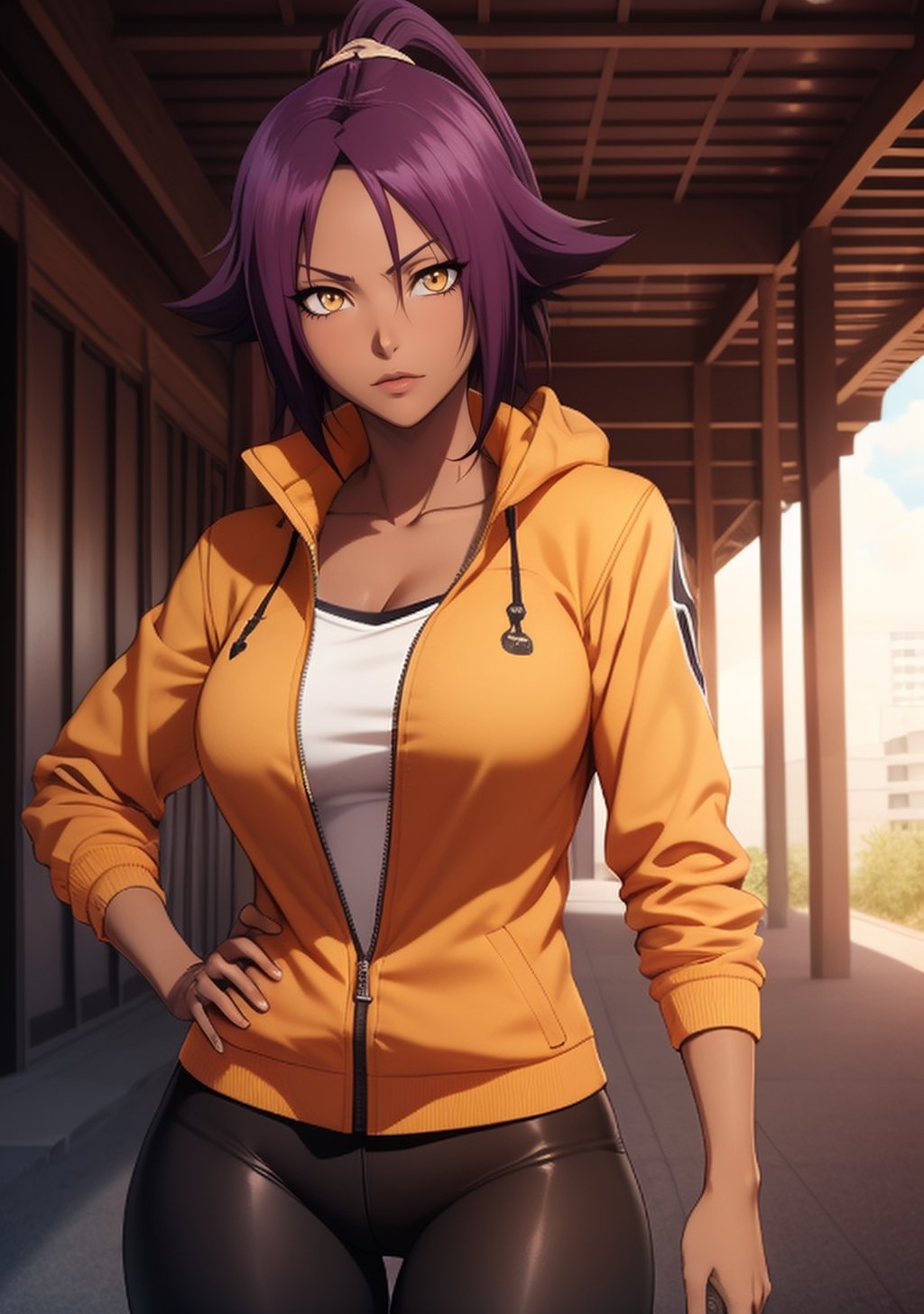  1girl, Yoruichi_Bleach, yellow eyes, ((Yoruichi Shihouin)), orange jacket, black leggins, curvy_figure, perfect eyes, masterpiece, best quality, 4K, HDR, cinematiclighting,Yoruichi_Bleach,photorealistic,