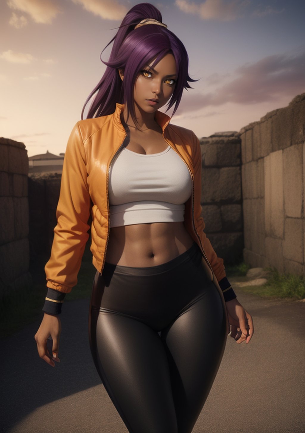  1girl, Yoruichi_Bleach, yellow eyes, ((Yoruichi Shihouin)), orange jacket, black leggins, curvy_figure, perfect eyes, masterpiece, best quality, 4K, HDR, cinematiclighting,Yoruichi_Bleach,photorealistic,