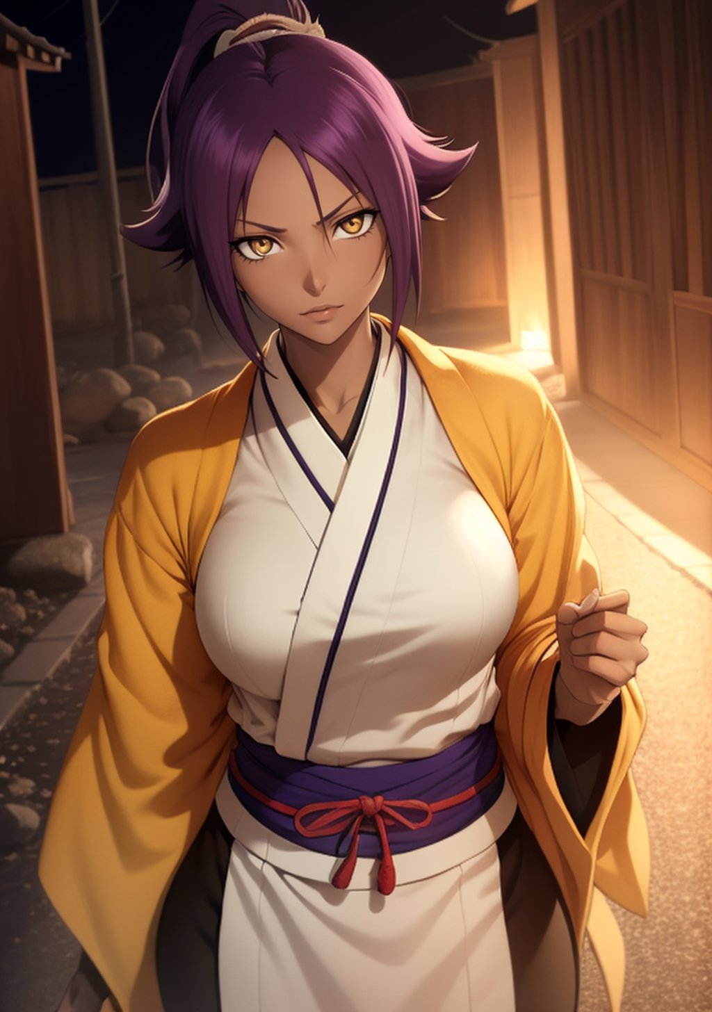  1girl, Yoruichi_Bleach, yellow eyes, ((Yoruichi Shihouin)), japanese_clothes, curvy_figure, perfect eyes, masterpiece, best quality, 4K, HDR, cinematiclighting,Yoruichi_Bleach,photorealistic,