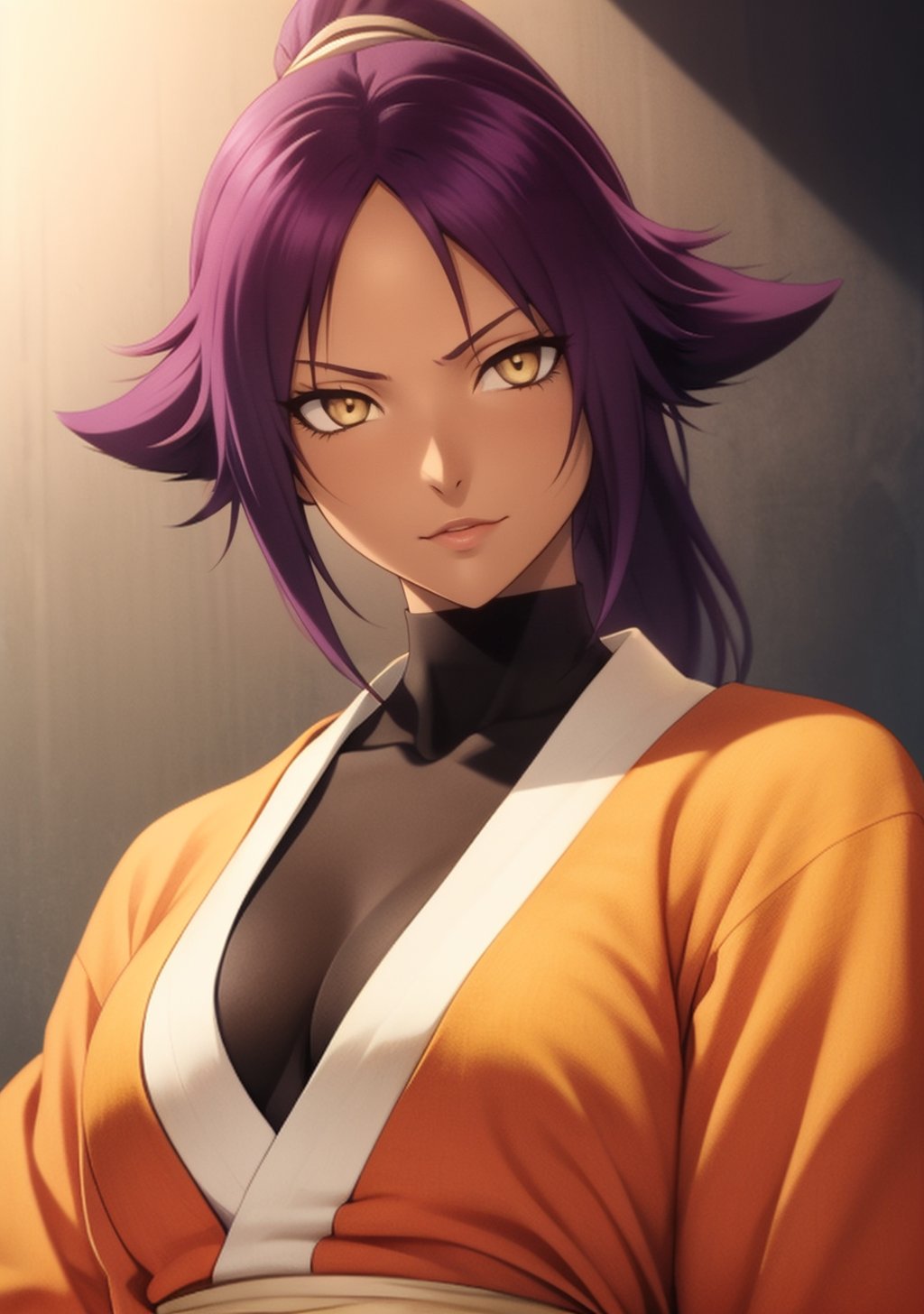  1girl, Yoruichi_Bleach, yellow eyes, ((Yoruichi Shihouin)), japanese_clothes, curvy_figure, perfect eyes, masterpiece, best quality, 4K, HDR, cinematiclighting,Yoruichi_Bleach,photorealistic,