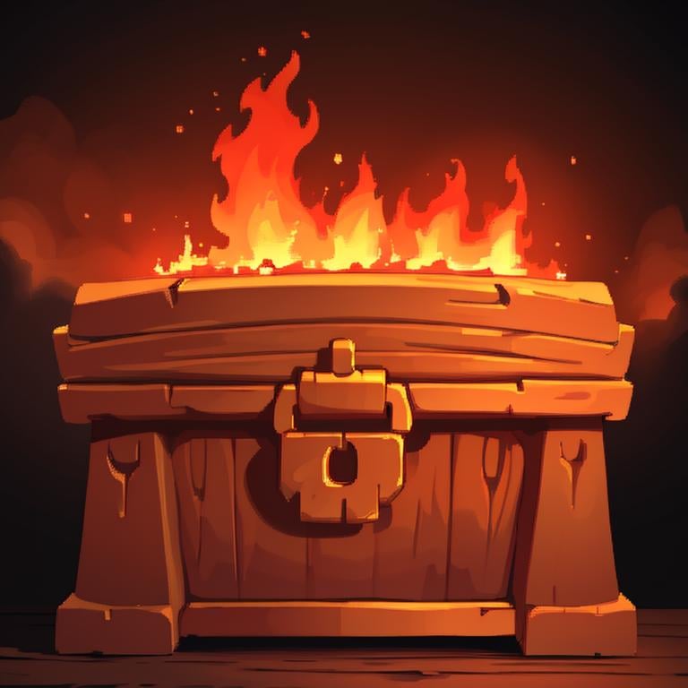 ((masterpiece,best quality)), absurdres, <lora:FantasyIcons_Bags_and_Boxes:0.8>, fire in background, treasure chest, fire,