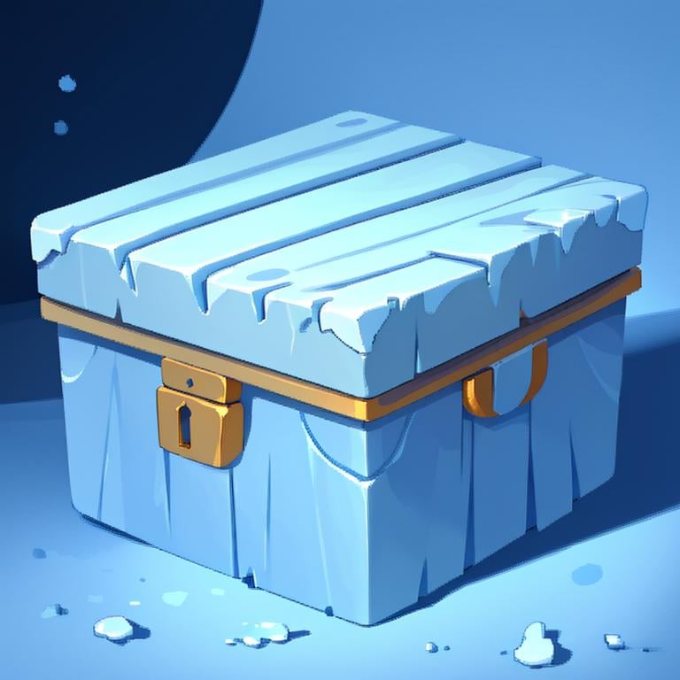 ((masterpiece,best quality)), absurdres, <lora:FantasyIcons_Bags_and_Boxes:0.8>, ice and snow in background, treasure chest, ice crystals,