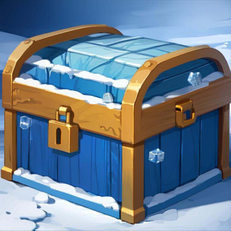 <lora:FantasyIcons_Bags_and_Boxes:0.8>, ice and snow in background, treasure chest, ice crystals, 