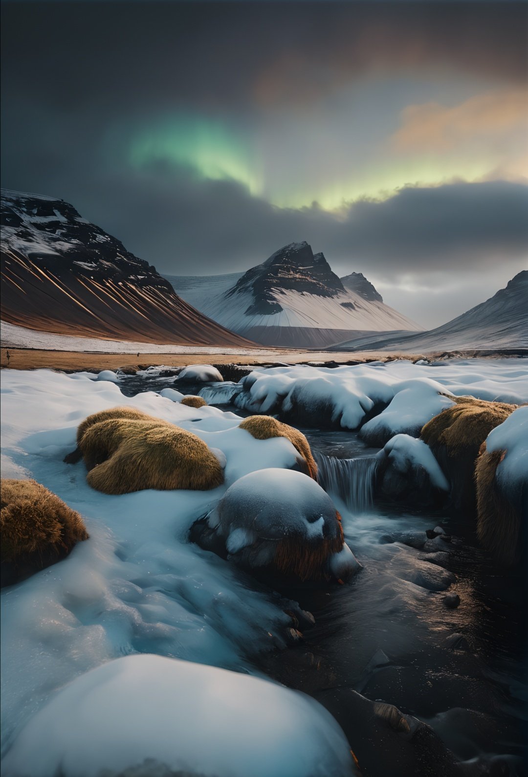 scenery, absurdres, hyper realistic lifelike texture dramatic lighting unrealengine trending on artstation, award winning photo, nikon RAW photo, 8k, Fujifilm XT3, masterpiece, no humans, , cold, winter, mountain, fog, lut, cinematic, dimmed colors, dark shot, muted colors, film grain, ice, iceland, aurora