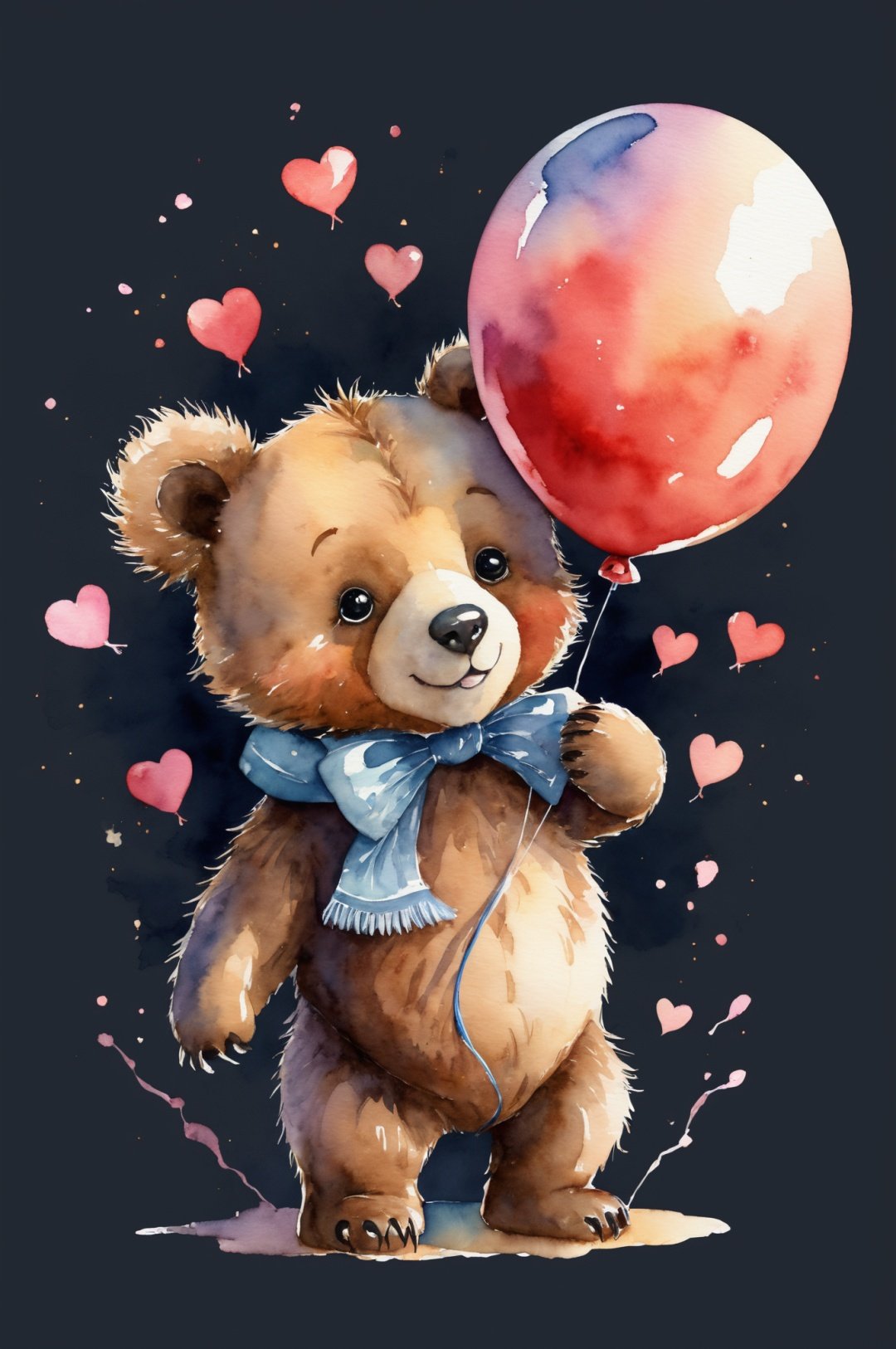 A cuteromantic bear with ballon heart, watercolor style, for cgart mayfly