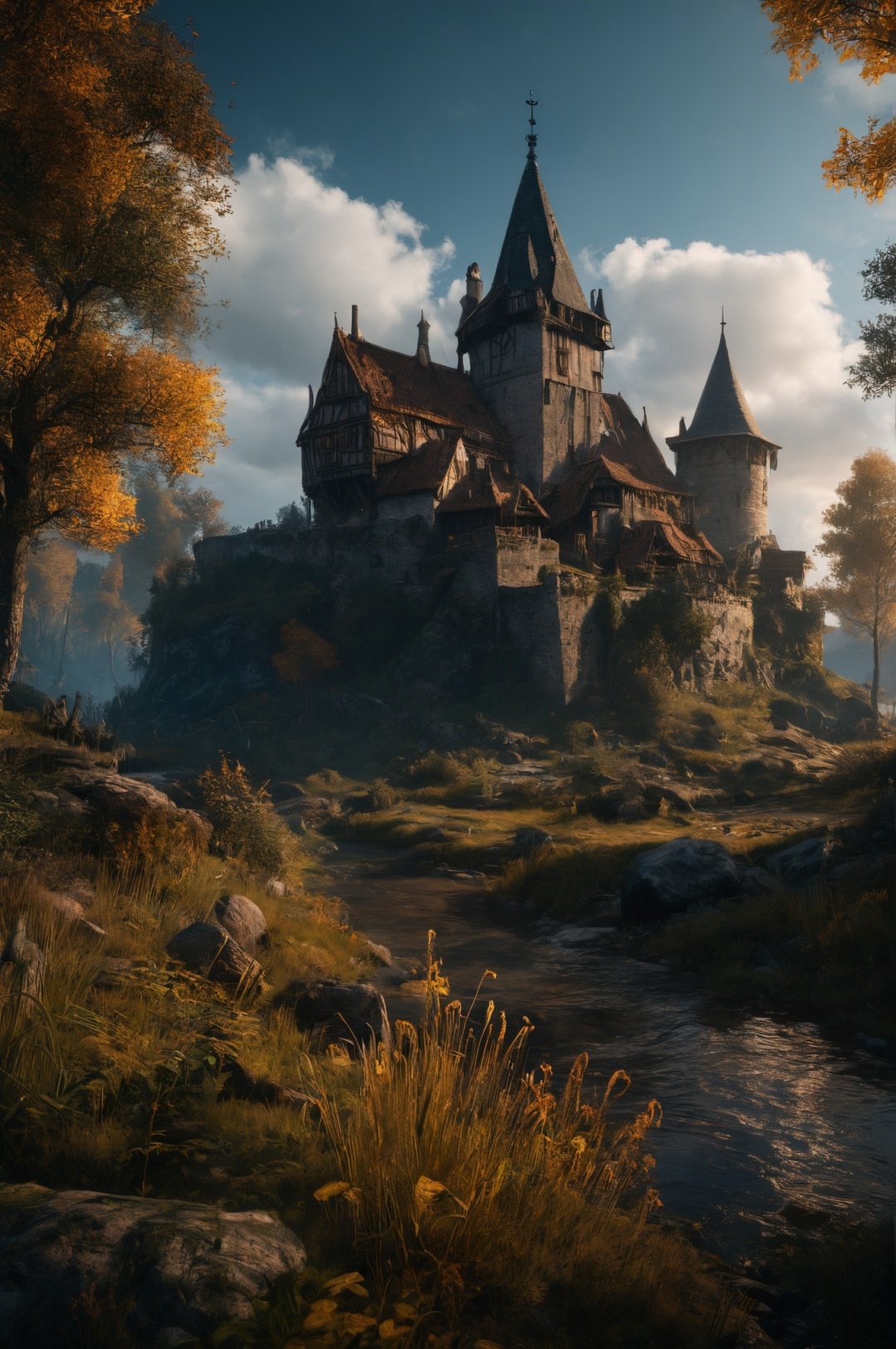 magic landscape,elden ring, dark arts, the witcher,realistic photo,breath taking, sharp lense, professional photographie, 70mm lense, detail love, good quality, unreal engine 5, wallpaper, colerful, highly detailed, 8k, soft light, photo realistic