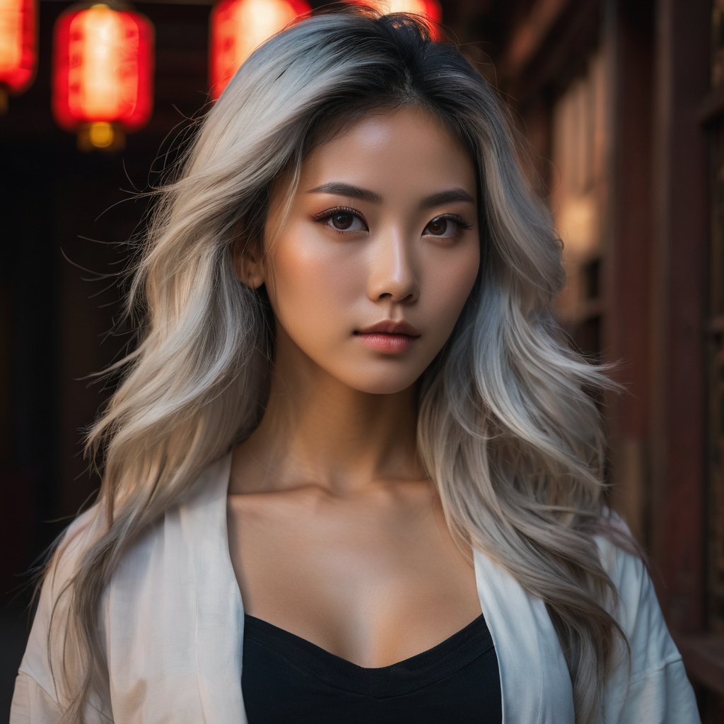  (colorful), (powerful colors:1.4), photographic of a (beautiful chinese girl:1.3), (tan skin), fashionable, light dust, varied depth of field, medium hair, long hair, white hair, tone mapping, hyper focus, red, glowing eyes, (upper body:0.8), natural body, limited palette, (detailed hair:1.13), (white outlines), (creative background), (creative), hard lighting, solo, clarity, (by Giovanni Battista Caccioli:1.6), (accomplished:0.8)