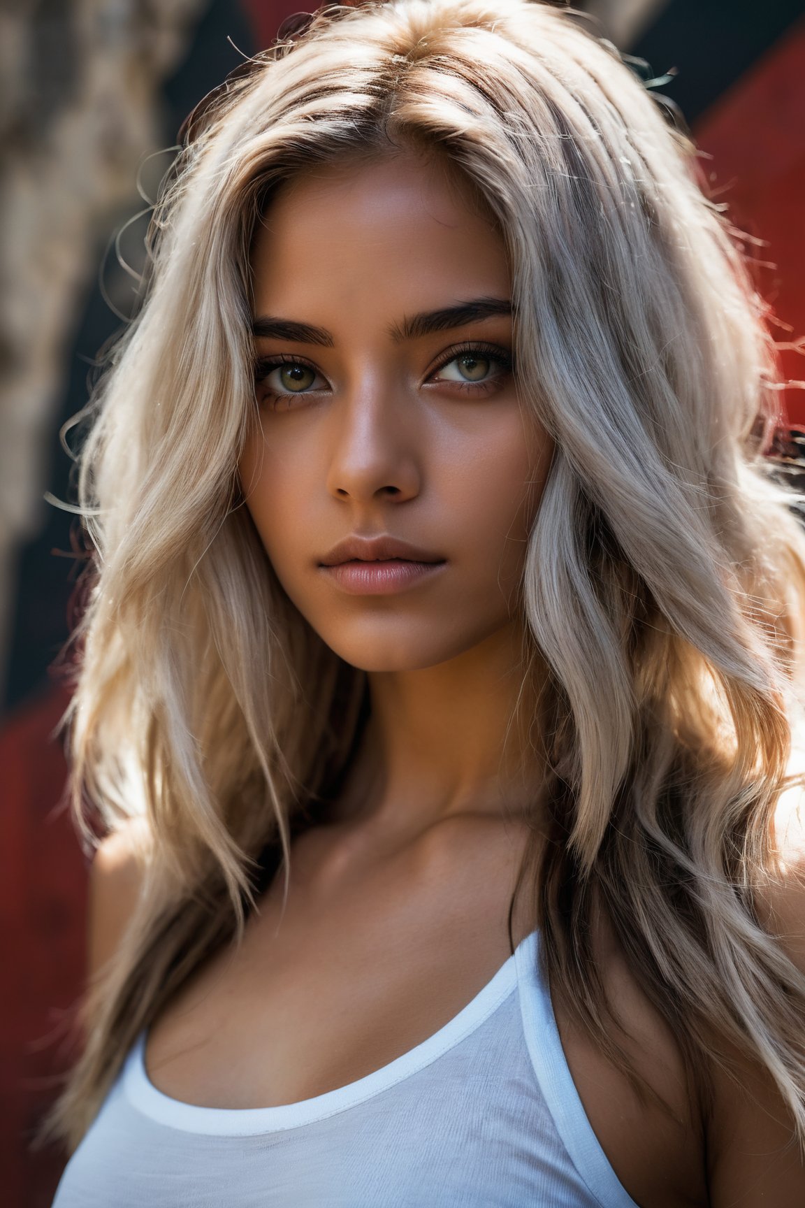  (masterpiece:1.1), (highest quality:1.1), (HDR:1.0), stylized, detailed face+eyes, (colorful), (powerful colors:1.4), photo of a girl, (tan skin), fashionable, light dust, varied depth of field, medium hair, long hair, white hair, tone mapping, hyper focus, red, glowing eyes, (upper body:0.8), natural body, limited palette, (detailed hair:1.13), (white outlines), (creative background), (creative), hard lighting, solo, clarity, (by Giovanni Battista Caccioli:1.6), (accomplished:0.8)