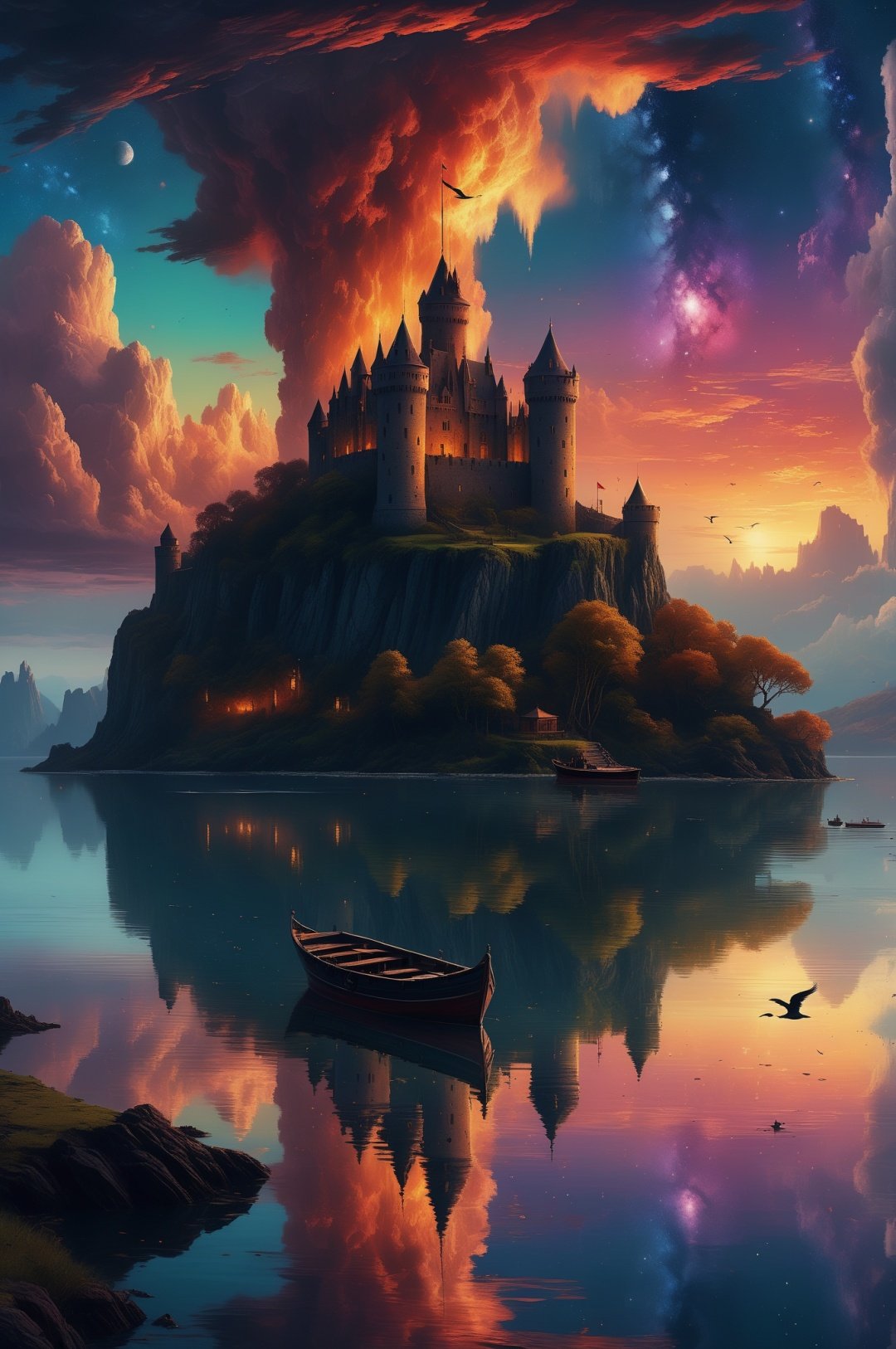 a painting of a castle on a island with a boat in the water and a bird flying over it, twilight sky with colored clouds and (galaxy:1.4) in the background, Andreas Rocha, matte fantasy painting, a detailed matte painting, fantasy art