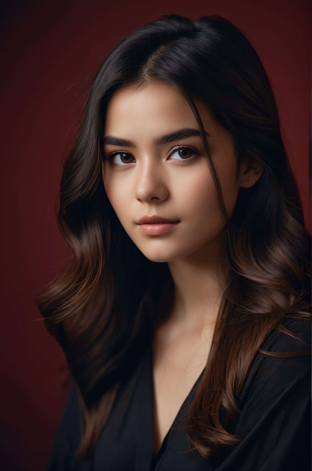 photographic of a girl, 20 years old, long hair,dark theme, soothing tones, muted colors, high contrast, (natural skin texture, hyperrealism, soft light, sharp),red background,simple background, BREAK, 35mm photograph, grainy, professional, 8k, highly detailed, Hasselbald 50mm lens f/1.9,[by ethan for CGArt Mayfly model]