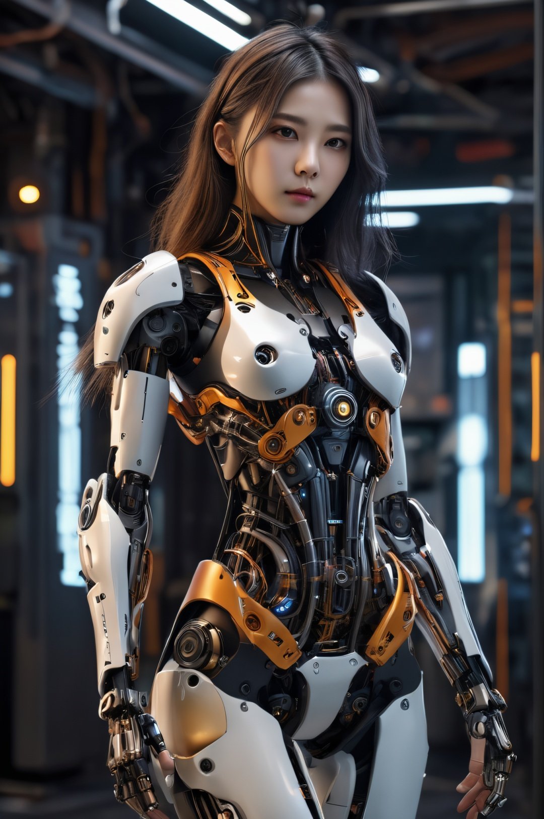 Long hair, high color value, Korea, bare chest masterpiece, (bestquality), highlydetailed, ultra-detailed, intricate mechanical bodysuit, mechacorset, mechanical parts, robotic arms and legs, bright theme, caustic, 1girl, littlesmile, Ray Tracing, cyberpunk, Science fiction world, Network effect, reflex, headwear, mechae, mechae, blur, background