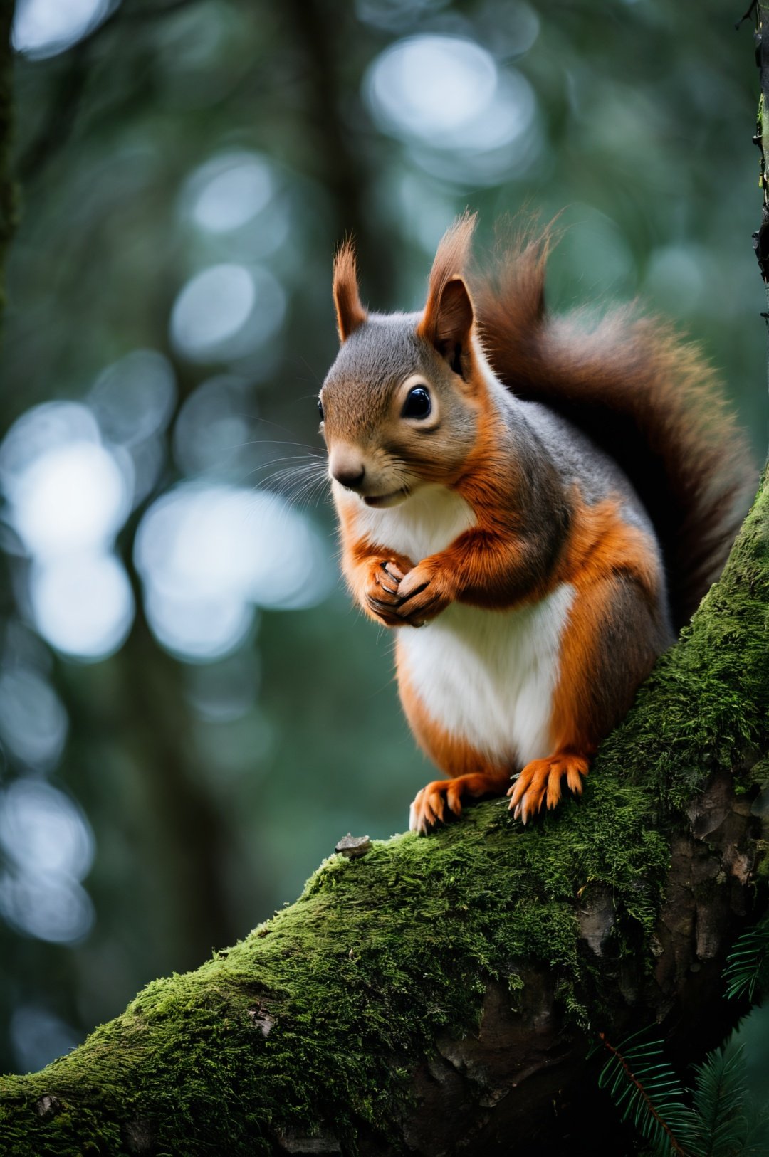 photographic of a squirrel in the tree for cgart mayfly\(model\) test, cinematic, forest lake, moss, cold weather, deep cyan and amber, Hasselblad XCD 80mm, f/1.8 aperture