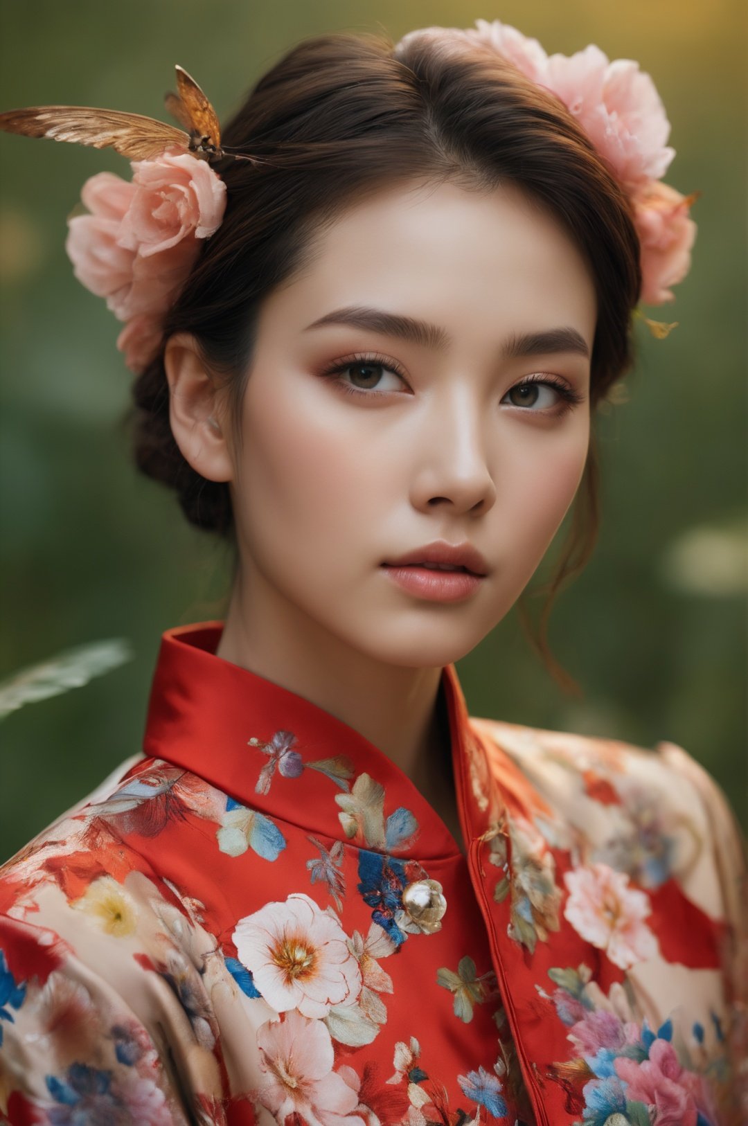 Chinese girl, floral theme, glowing skin, glamorous gaze, embellished clothing, BREAK, natural light, shallow depth of field, romantic setting, dreamy colors,by Ryan McGinley for CGArt Mayfly