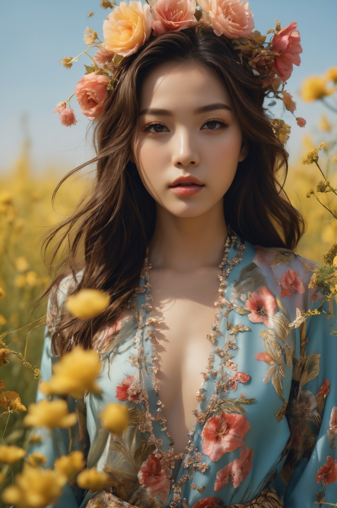 Chinese girl, floral theme, glowing skin, glamorous gaze, embellished clothing, BREAK, natural light, shallow depth of field, romantic setting, dreamy colors,by Ryan McGinley for CGArt Mayfly