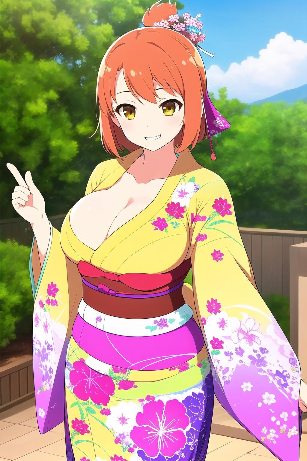 (masterpiece, best quality), highly detailed background, perfect lightingbest quality, fuumaSK, solo, outdoors, orange hair, single hair bun, short ponytail, hair ribbon, white ribbon, short hair, yellow eyes, large breasts, black kimono, cleavage, floral print, japanese clothes, smile, grin, <lora:Fuuma_Senran-Kagura:0.7>