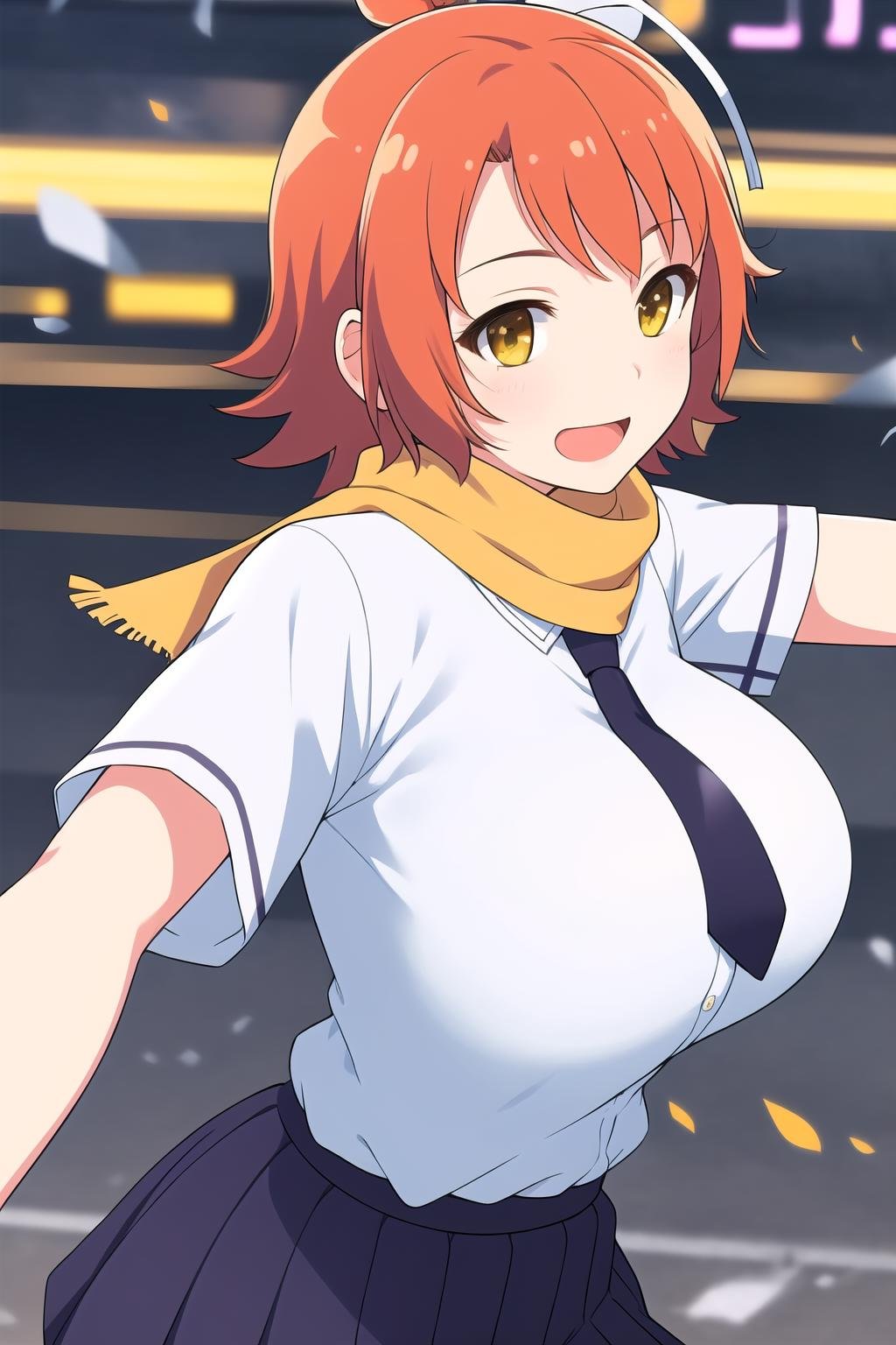 (masterpiece, best quality), highly detailed background, perfect lightingbest quality, fuumaSK, solo, orange hair, single hair bun, short ponytail, hair ribbon, white ribbon, short hair, yellow eyes, yellow scarf, large breasts, white skirt, black necktie, short sleeves, black skirt, pleated skirt, smile, open mouth, <lora:Fuuma_Senran-Kagura:0.7>