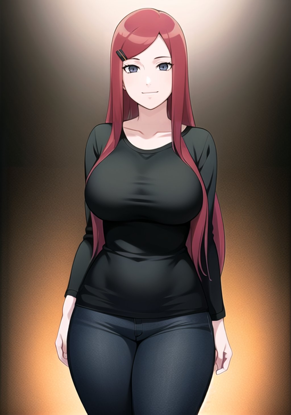  1girl, Kushina_NS, light smile, grey eyes, ((red hair)), hairclip, ((Kushina Uzumaki)), black shirt, black jeans, red jacket, curvy_figure, perfect eyes, masterpiece, best quality, 4K, HDR, cinematiclighting,Kushina_NS