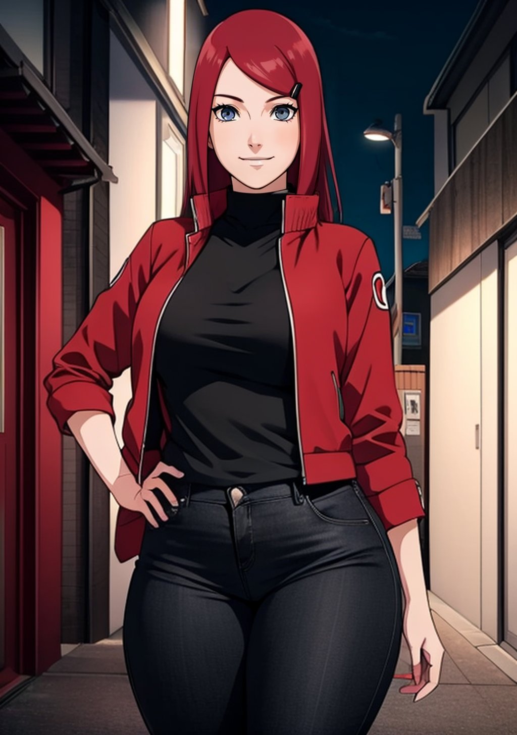  1girl, Kushina_NS, light smile, grey eyes, ((red hair)), hairclip, ((Kushina Uzumaki)), black shirt, black jeans, red jacket, curvy_figure, perfect eyes, masterpiece, best quality, 4K, HDR, cinematiclighting,Kushina_NS