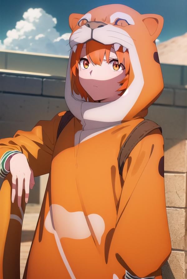 jaguarman, <lora:jaguar man babylonia-lora-nochekaiser:1>,jaguar man, orange hair, (orange eyes:1.5), short hair,BREAK tail, hood, cosplay, animal print, animal costume, tiger print,BREAK outdoors, desert, oasis, sun, clouds,BREAK looking at viewer, (cowboy shot:1.5),BREAK <lyco:GoodHands-beta2:1>, (masterpiece:1.2), best quality, high resolution, unity 8k wallpaper, (illustration:0.8), (beautiful detailed eyes:1.6), extremely detailed face, perfect lighting, extremely detailed CG, (perfect hands, perfect anatomy),