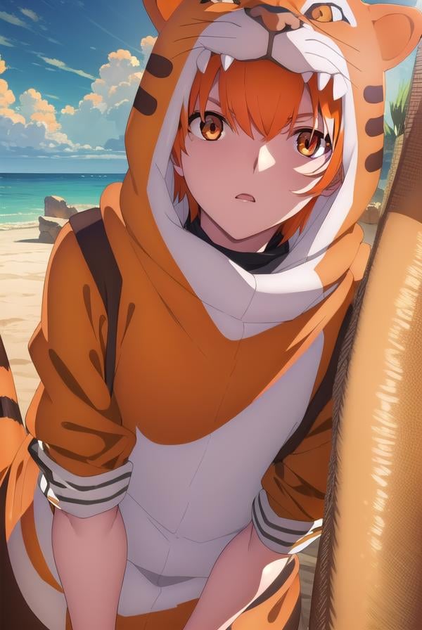 jaguarman, <lora:jaguar man babylonia-lora-nochekaiser:1>,jaguar man, orange hair, (orange eyes:1.5), short hair,BREAK tail, hood, cosplay, animal print, animal costume, tiger print,BREAK outdoors, desert, oasis, sun, clouds,BREAK looking at viewer, (cowboy shot:1.5),BREAK <lyco:GoodHands-beta2:1>, (masterpiece:1.2), best quality, high resolution, unity 8k wallpaper, (illustration:0.8), (beautiful detailed eyes:1.6), extremely detailed face, perfect lighting, extremely detailed CG, (perfect hands, perfect anatomy),