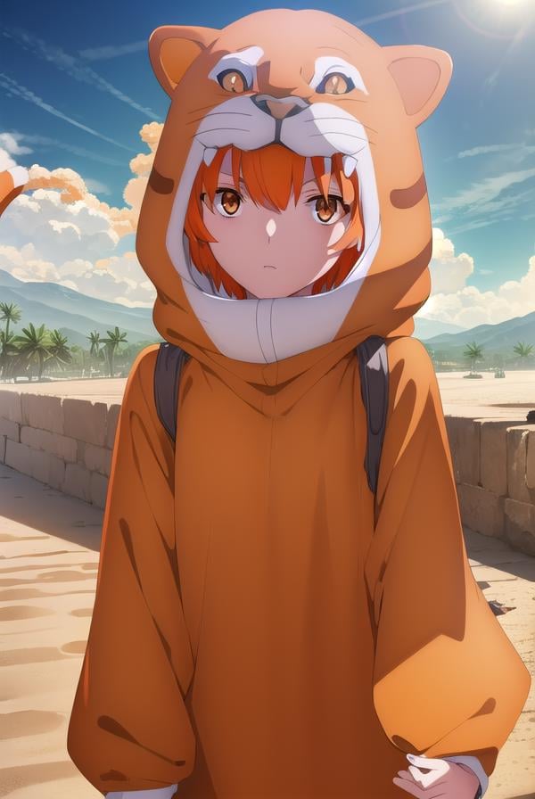 jaguarman, <lora:jaguar man babylonia-lora-nochekaiser:1>,jaguar man, orange hair, (orange eyes:1.5), short hair,BREAK tail, hood, cosplay, animal print, animal costume, tiger print,BREAK outdoors, desert, oasis, sun, clouds,BREAK looking at viewer, (cowboy shot:1.5),BREAK <lyco:GoodHands-beta2:1>, (masterpiece:1.2), best quality, high resolution, unity 8k wallpaper, (illustration:0.8), (beautiful detailed eyes:1.6), extremely detailed face, perfect lighting, extremely detailed CG, (perfect hands, perfect anatomy),