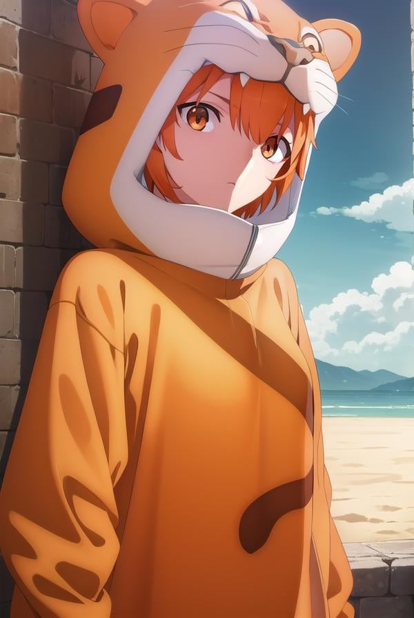 jaguarman, <lora:jaguar man babylonia-lora-nochekaiser:1>,jaguar man, orange hair, (orange eyes:1.5), short hair,BREAK tail, hood, cosplay, animal print, animal costume, tiger print,BREAK outdoors, desert, oasis, sun, clouds,BREAK looking at viewer, (cowboy shot:1.5),BREAK <lyco:GoodHands-beta2:1>, (masterpiece:1.2), best quality, high resolution, unity 8k wallpaper, (illustration:0.8), (beautiful detailed eyes:1.6), extremely detailed face, perfect lighting, extremely detailed CG, (perfect hands, perfect anatomy),