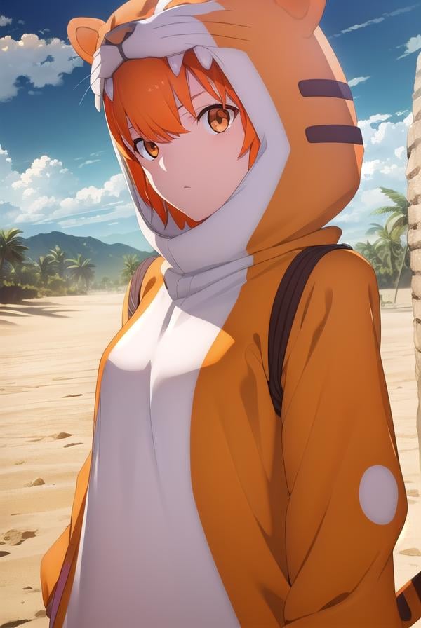 jaguarman, <lora:jaguar man babylonia-lora-nochekaiser:1>,jaguar man, orange hair, (orange eyes:1.5), short hair,BREAK tail, hood, cosplay, animal print, animal costume, tiger print,BREAK outdoors, desert, oasis, sun, clouds,BREAK looking at viewer, (cowboy shot:1.5),BREAK <lyco:GoodHands-beta2:1>, (masterpiece:1.2), best quality, high resolution, unity 8k wallpaper, (illustration:0.8), (beautiful detailed eyes:1.6), extremely detailed face, perfect lighting, extremely detailed CG, (perfect hands, perfect anatomy),