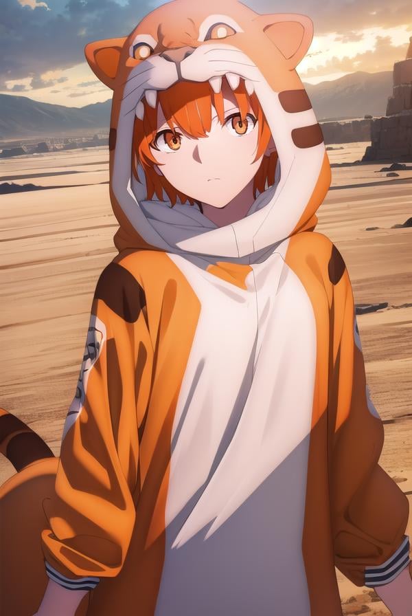 jaguarman, <lora:jaguar man babylonia-lora-nochekaiser:1>,jaguar man, orange hair, (orange eyes:1.5), short hair,BREAK tail, hood, cosplay, animal print, animal costume, tiger print,BREAK outdoors, desert, oasis, sun, clouds,BREAK looking at viewer, (cowboy shot:1.5),BREAK <lyco:GoodHands-beta2:1>, (masterpiece:1.2), best quality, high resolution, unity 8k wallpaper, (illustration:0.8), (beautiful detailed eyes:1.6), extremely detailed face, perfect lighting, extremely detailed CG, (perfect hands, perfect anatomy),