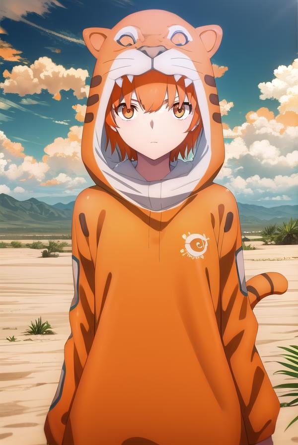 jaguarman, <lora:jaguar man babylonia-lora-nochekaiser:1>,jaguar man, orange hair, (orange eyes:1.5), short hair,BREAK tail, hood, cosplay, animal print, animal costume, tiger print,BREAK outdoors, desert, oasis, sun, clouds,BREAK looking at viewer, (cowboy shot:1.5),BREAK <lyco:GoodHands-beta2:1>, (masterpiece:1.2), best quality, high resolution, unity 8k wallpaper, (illustration:0.8), (beautiful detailed eyes:1.6), extremely detailed face, perfect lighting, extremely detailed CG, (perfect hands, perfect anatomy),