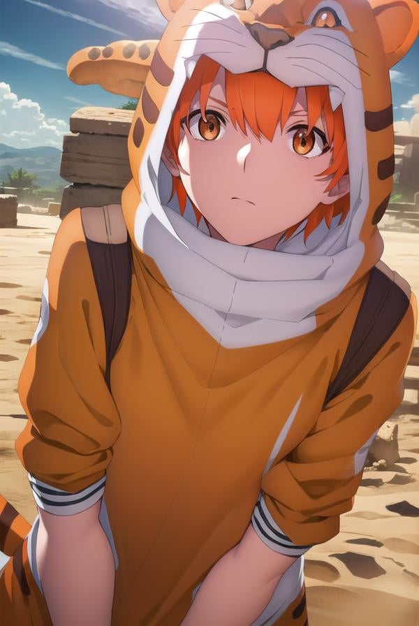 jaguarman, <lora:jaguar man babylonia-lora-nochekaiser:1>,jaguar man, orange hair, (orange eyes:1.5), short hair,BREAK tail, hood, cosplay, animal print, animal costume, tiger print,BREAK outdoors, desert, oasis, sun, clouds,BREAK looking at viewer, (cowboy shot:1.5),BREAK <lyco:GoodHands-beta2:1>, (masterpiece:1.2), best quality, high resolution, unity 8k wallpaper, (illustration:0.8), (beautiful detailed eyes:1.6), extremely detailed face, perfect lighting, extremely detailed CG, (perfect hands, perfect anatomy),