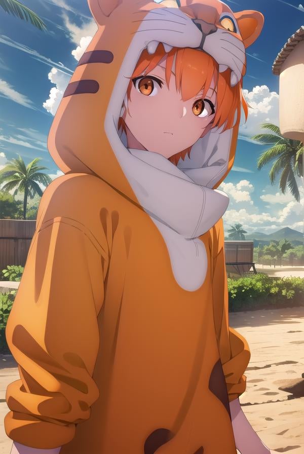 jaguarman, <lora:jaguar man babylonia-lora-nochekaiser:1>,jaguar man, orange hair, (orange eyes:1.5), short hair,BREAK tail, hood, cosplay, animal print, animal costume, tiger print,BREAK outdoors, desert, oasis, sun, clouds,BREAK looking at viewer, (cowboy shot:1.5),BREAK <lyco:GoodHands-beta2:1>, (masterpiece:1.2), best quality, high resolution, unity 8k wallpaper, (illustration:0.8), (beautiful detailed eyes:1.6), extremely detailed face, perfect lighting, extremely detailed CG, (perfect hands, perfect anatomy),